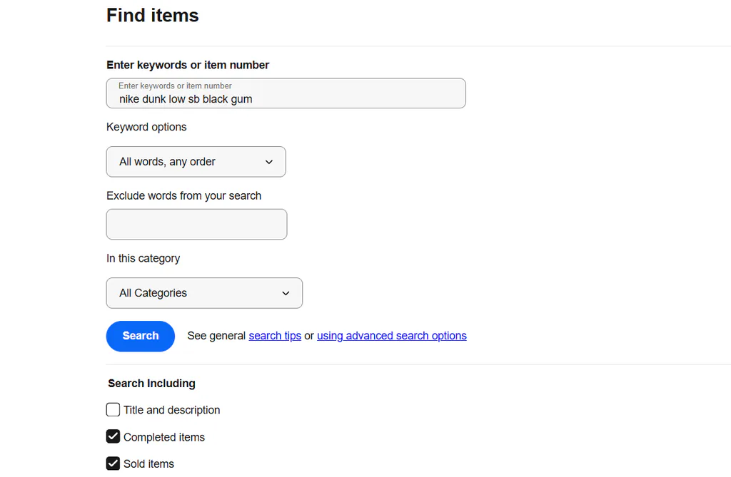 filtering ebay shoes fo sold items to check prices