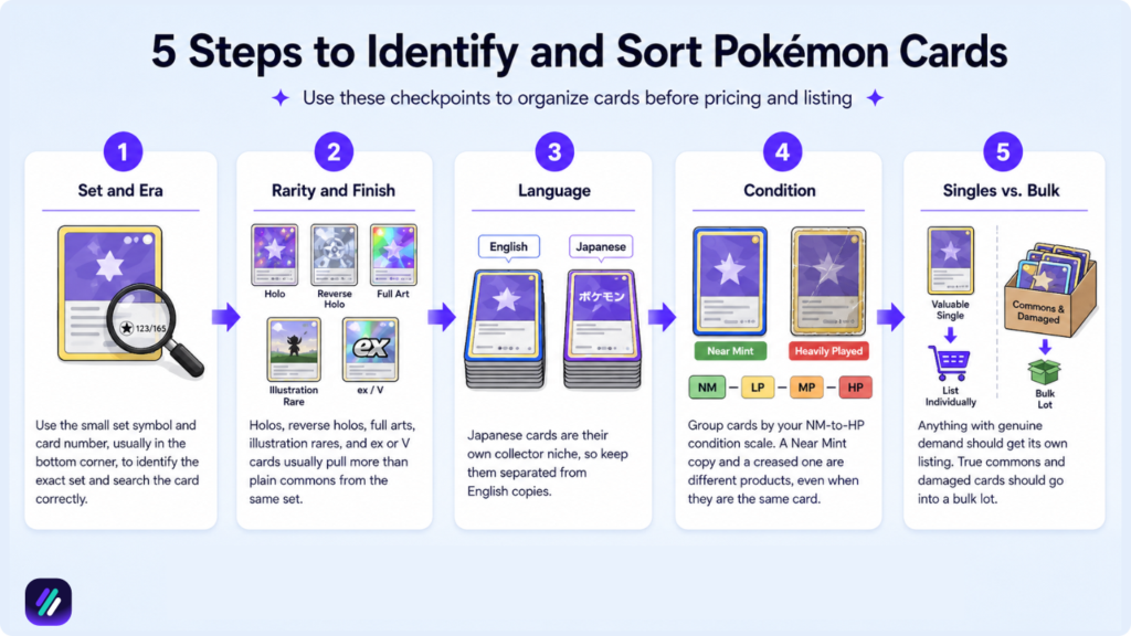 how to identify and sort pokemon cards for selling on ebay