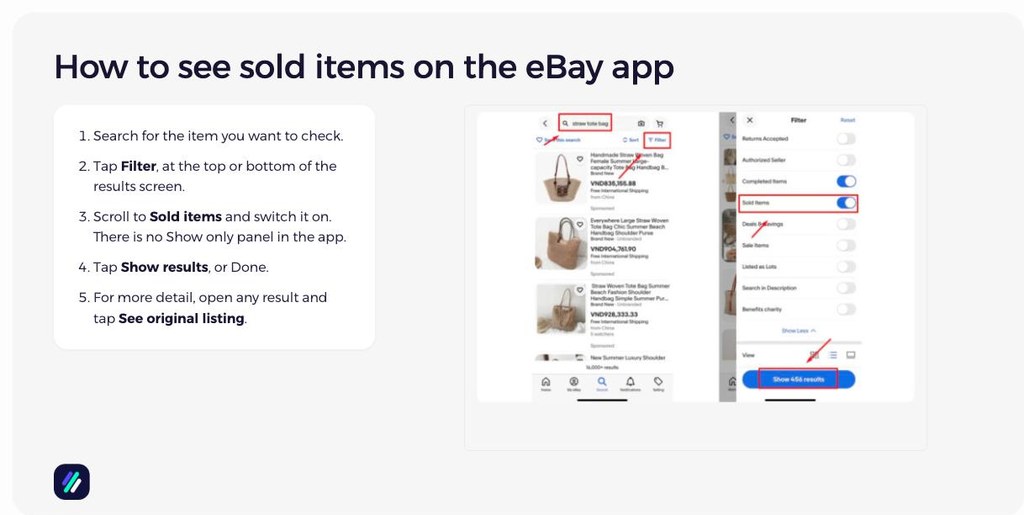 how to see sold items on the eBay app using the Filter menu
