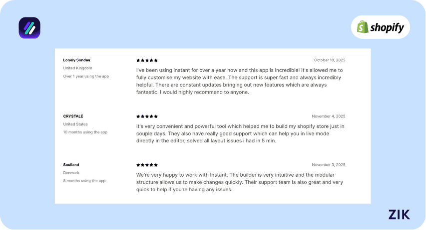 instant shopify page builder app reviews