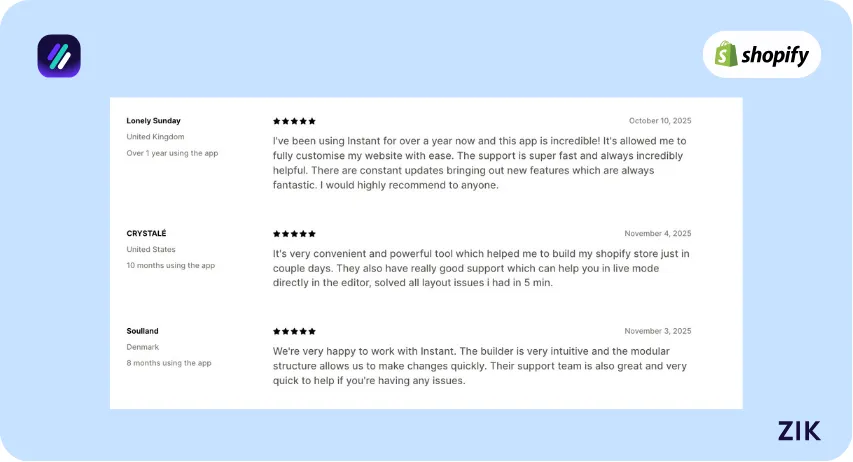 instant shopify page builder app reviews