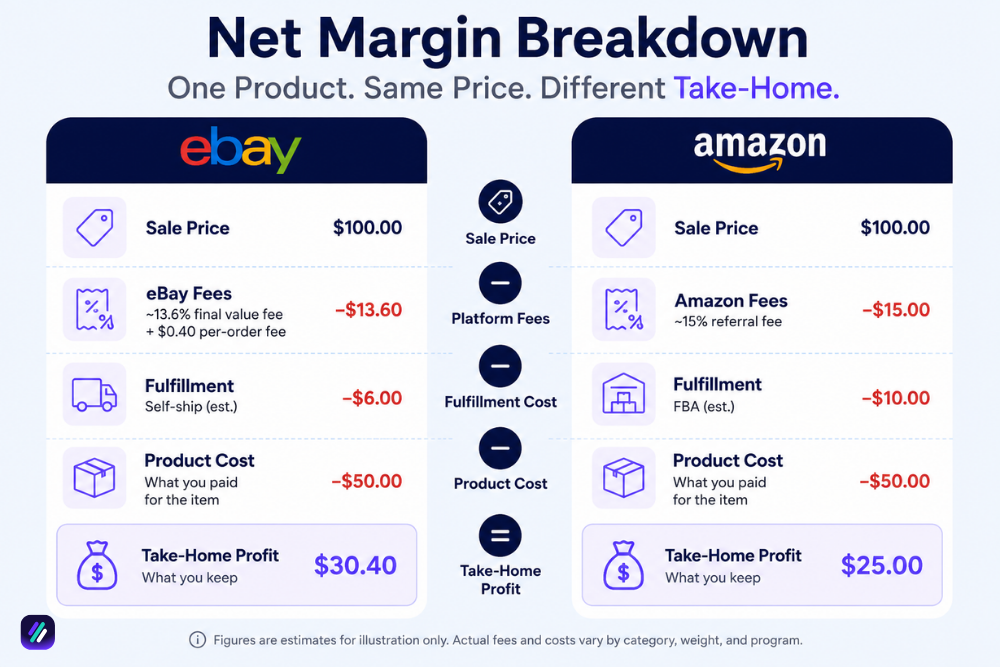 margin calculation comparing take-home profit on eBay vs Amazon