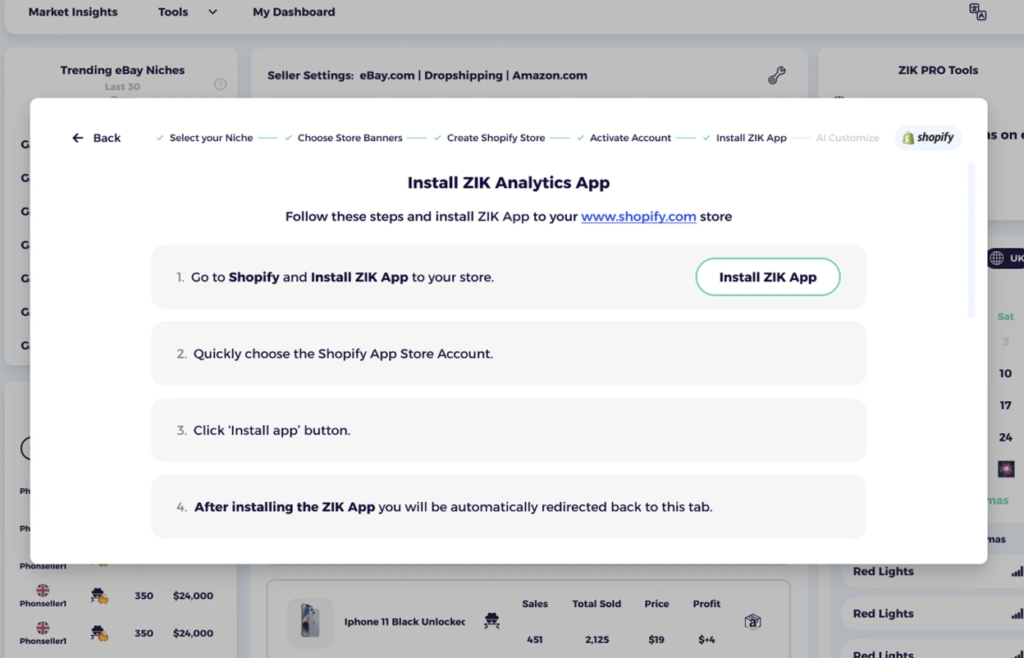 prompt to install zik analytics app via Shopify ai search