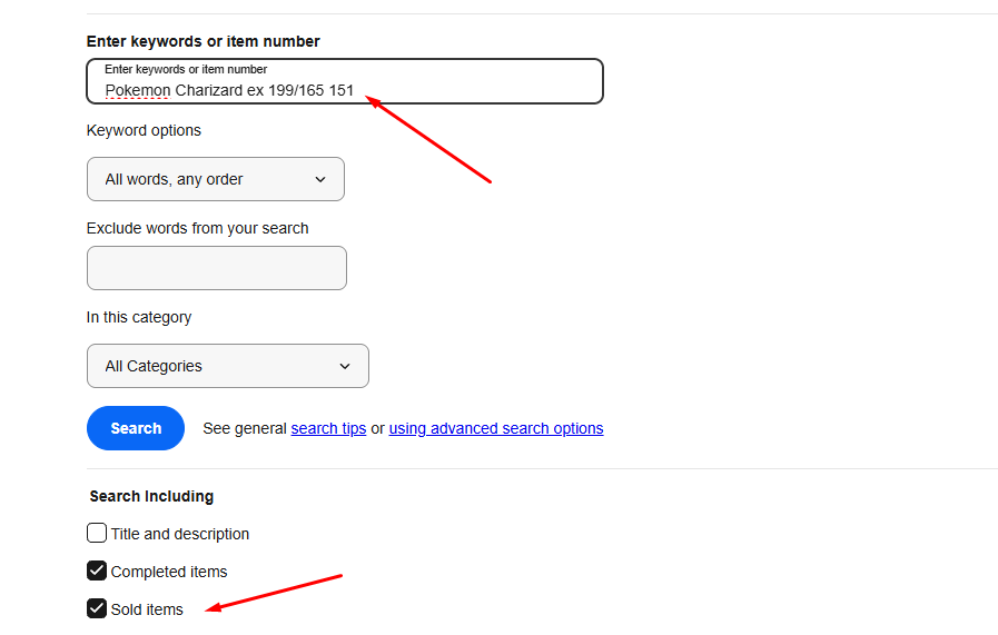 searching on ebay advanced filter for sold items for pokemon cards