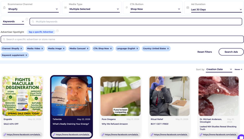 shopify adspy tool on dropshipping supplements ad performance