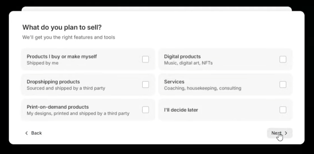 shopify onboarding checklist showing dropshipping as one of their main models