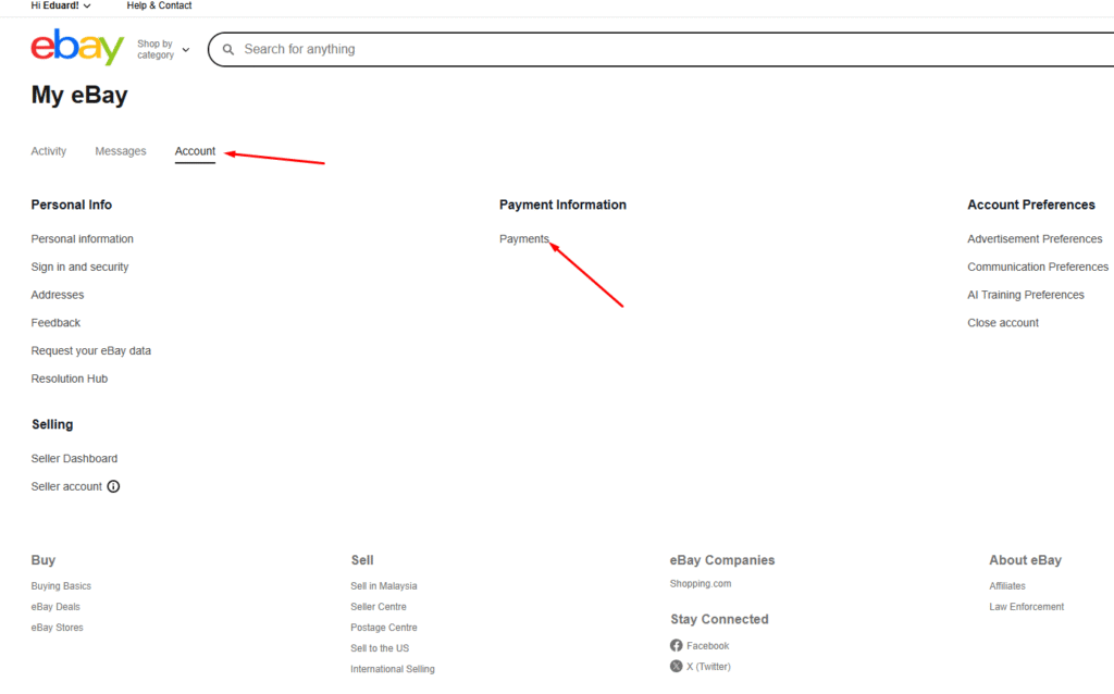 step 3 setting up ebay account payments clicking payments