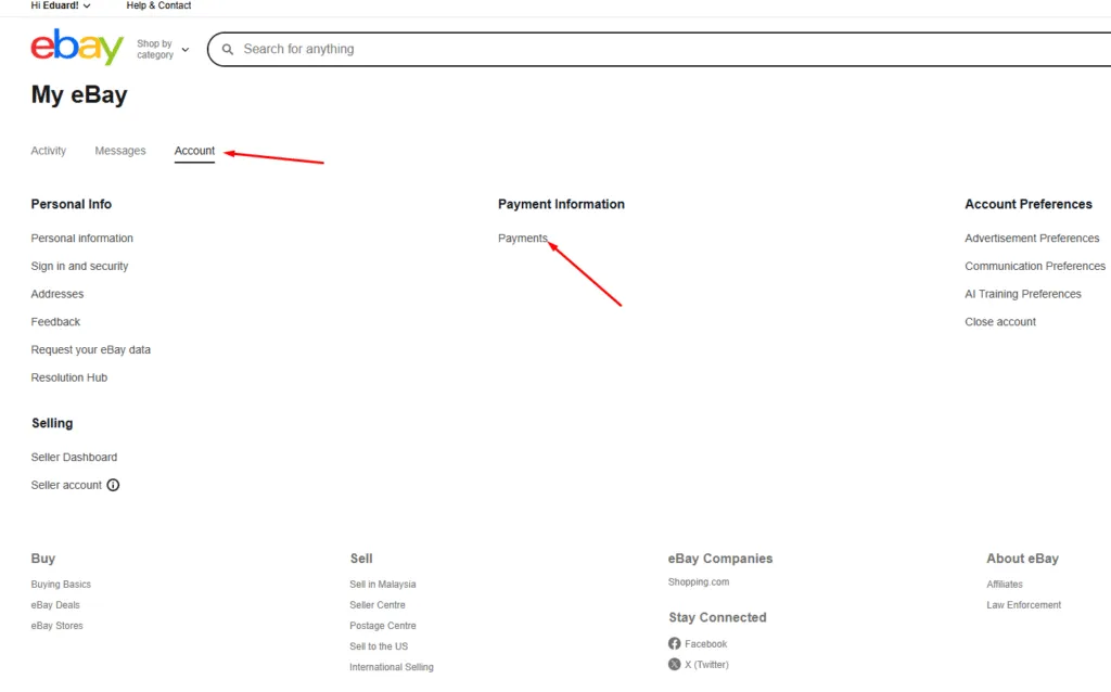 step 3 setting up ebay account payments clicking payments