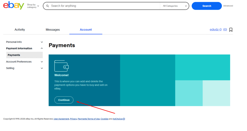 step 4 set up an ebay account continue ebay account payment