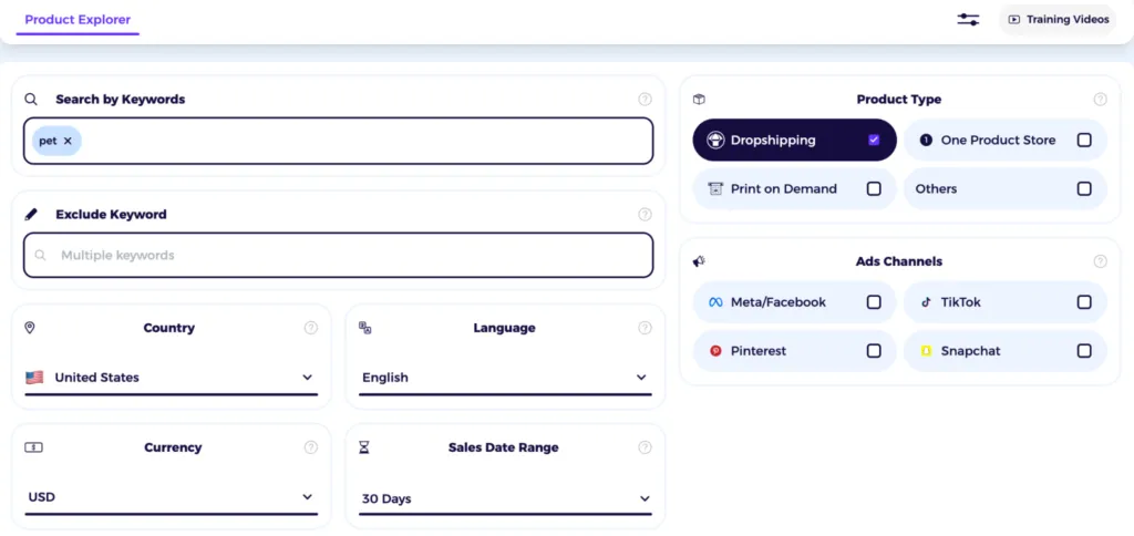 type in query or niche in product explorer to find products to sell on shopify
