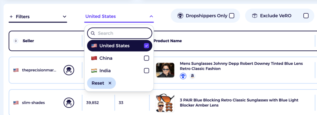 zik analytics country option for filtering ebay seller