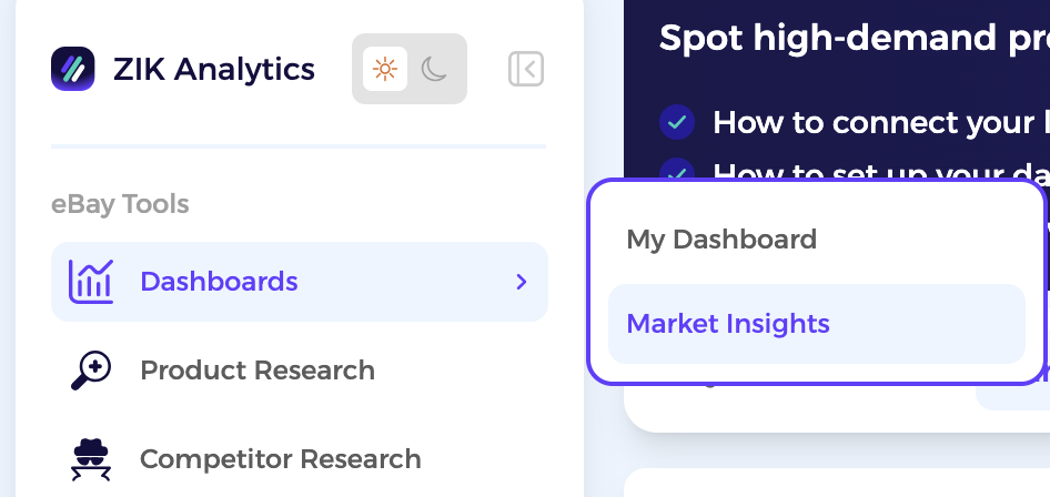zik analytics market insight tab inside zik dashboards